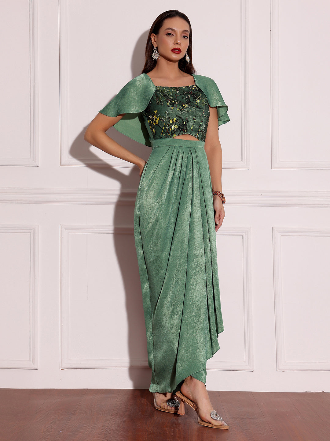 Khakar Meadow Sage Green Embellished Satin Maxi Dress