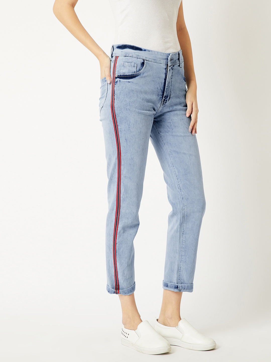 Women's Light Blue Slim High-Rise Twill Tape Detailing Blast Effect Stretchable Denim Jeans