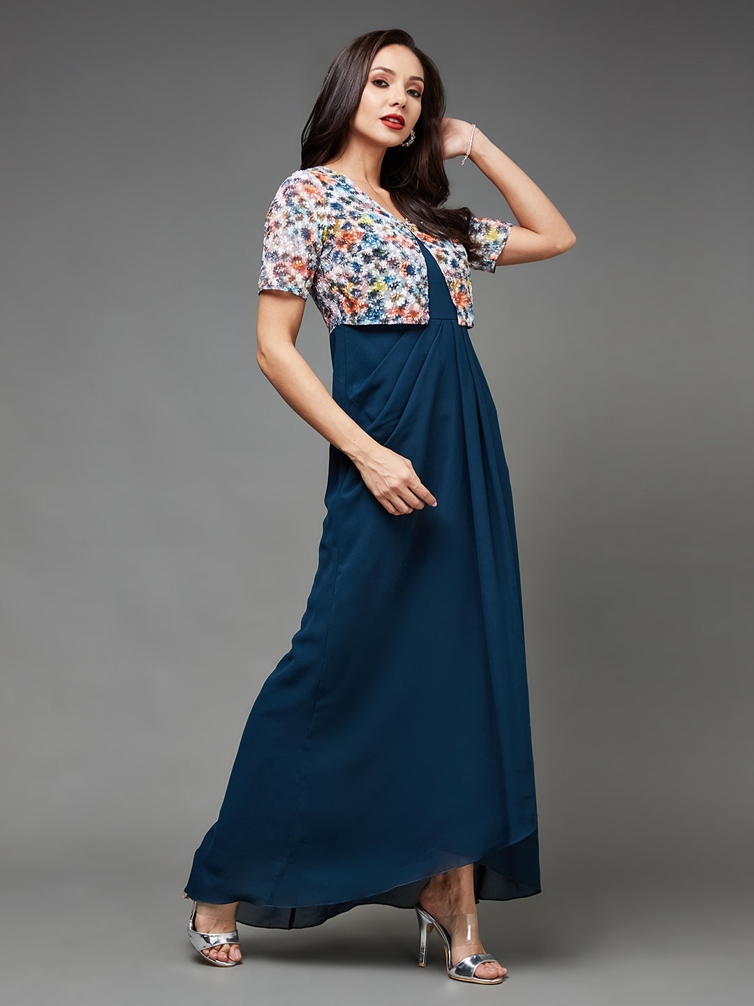 Teal Multicoloured Attached Short Sleeves Jacket Maxi Dress Long Dress Frock