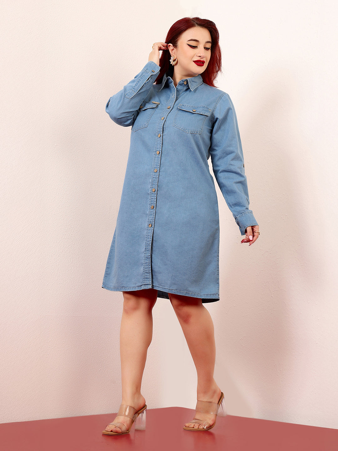Blue Polo Neck Rolled-Up Full-Sleeves Denim Solid Buttoned A-Line Mini Dress for Women — Miss Chase A+