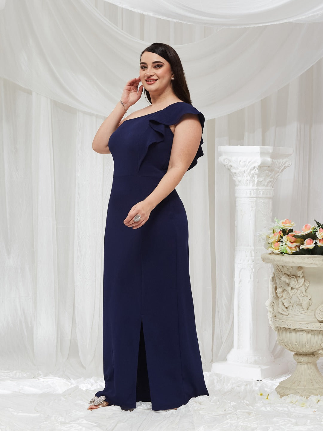 Navy Blue Solid One Shoulder Sleeveless Ruffled Maxi Dress for Women — Miss Chase A+