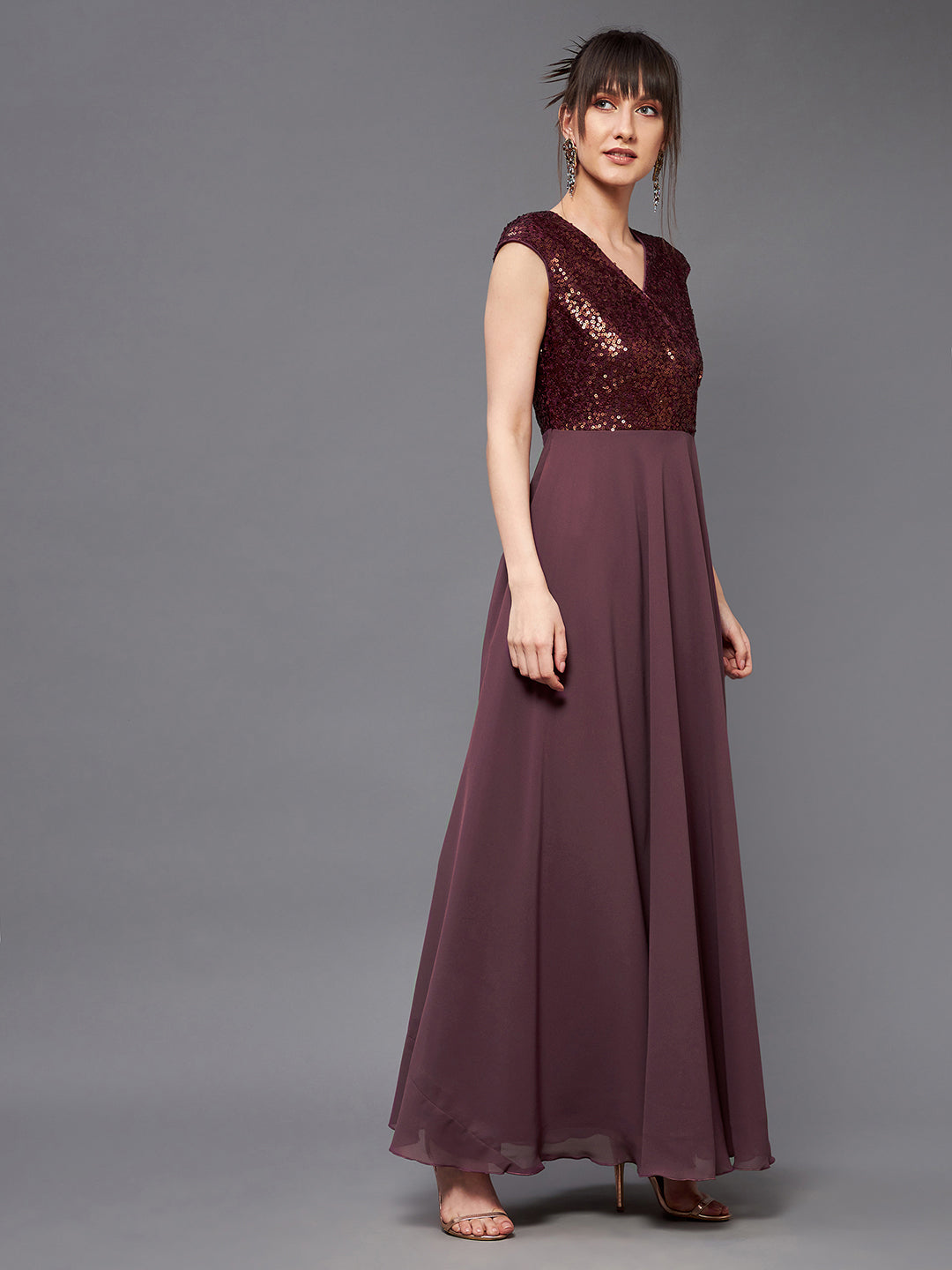 Women's Mauve & Wine V-Neck Sleeveless Embellished Wrap Maxi Dress