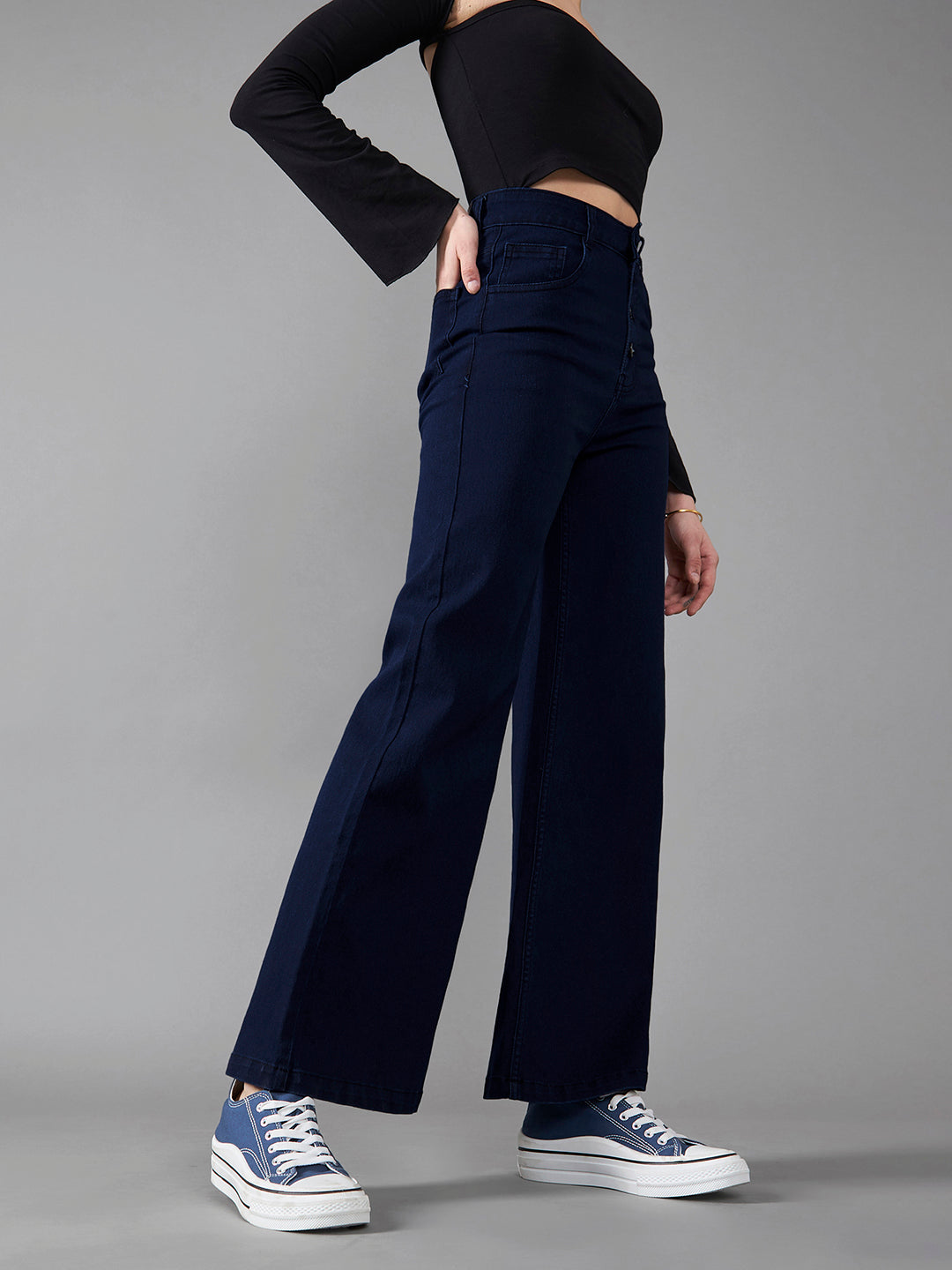 24/7 Comfort Navy-Blue Wide-Leg High-Rise Stretchable Denim Jeans