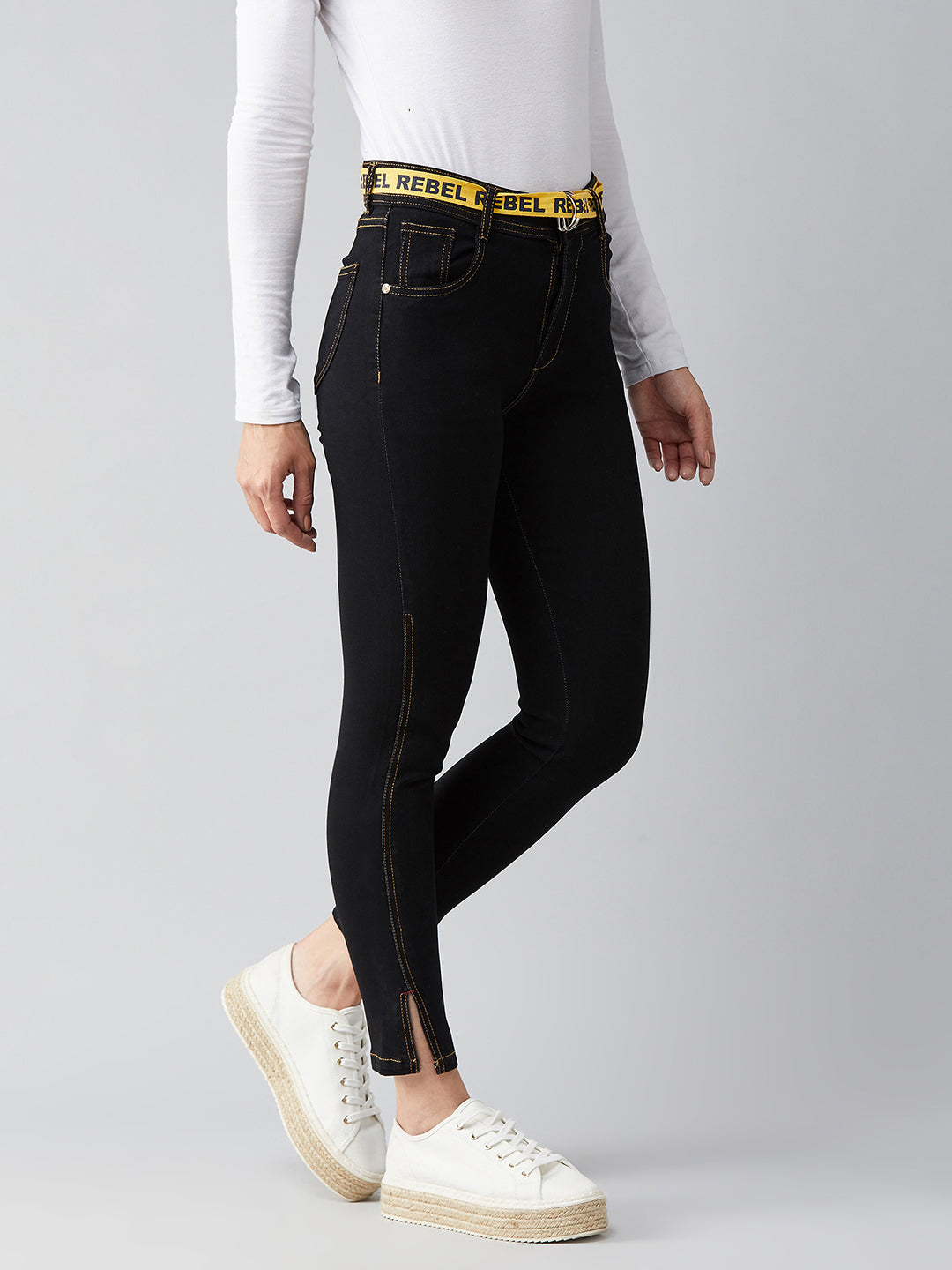 Black Cotton Skinny Fit High Rise Ankle Length Stretchable Denim Jeans for Women