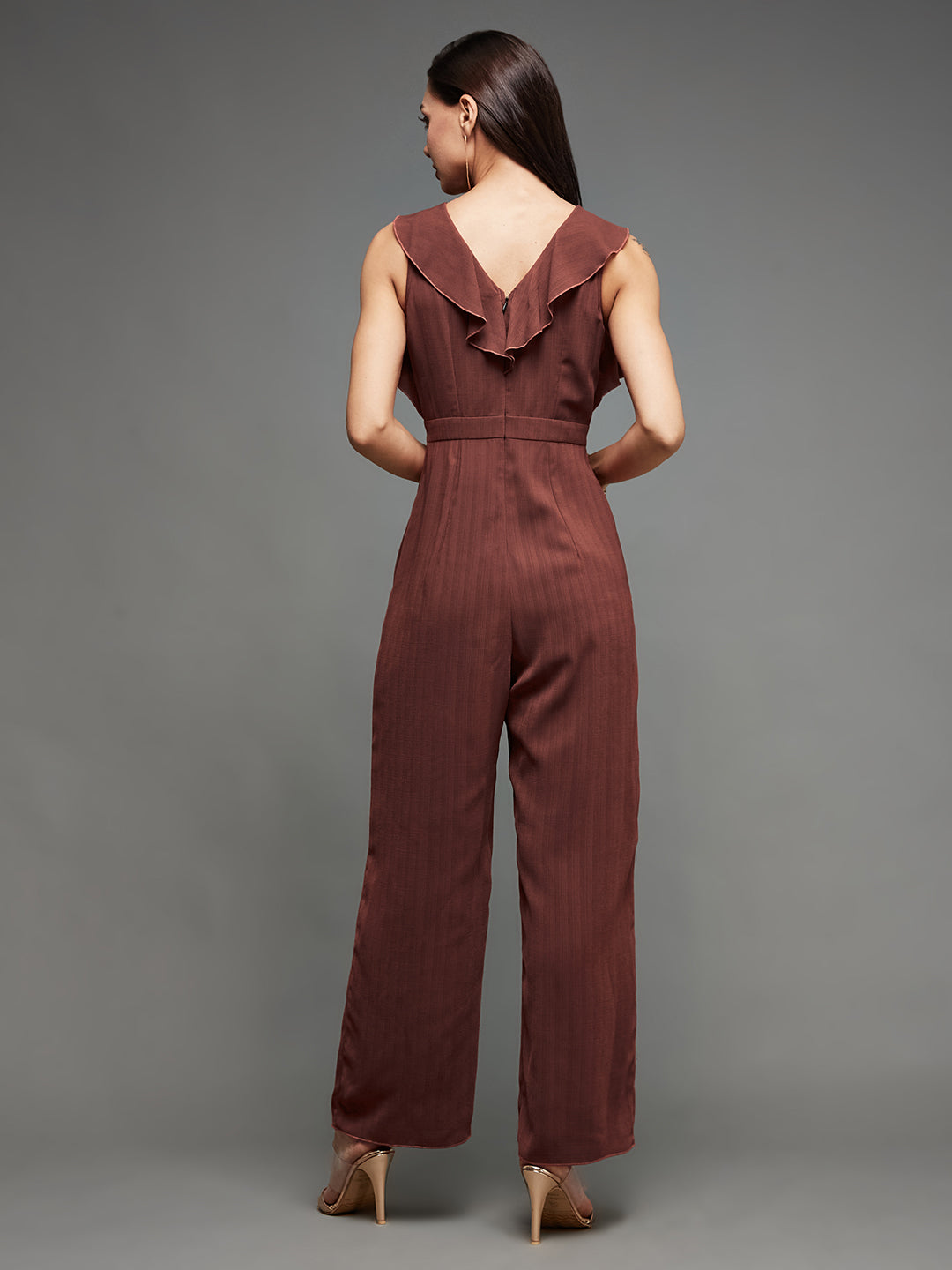 Women's Light Burgundy Halter Neck Sleeveless Sequined Party Crepe Ruffled Jumpsuit