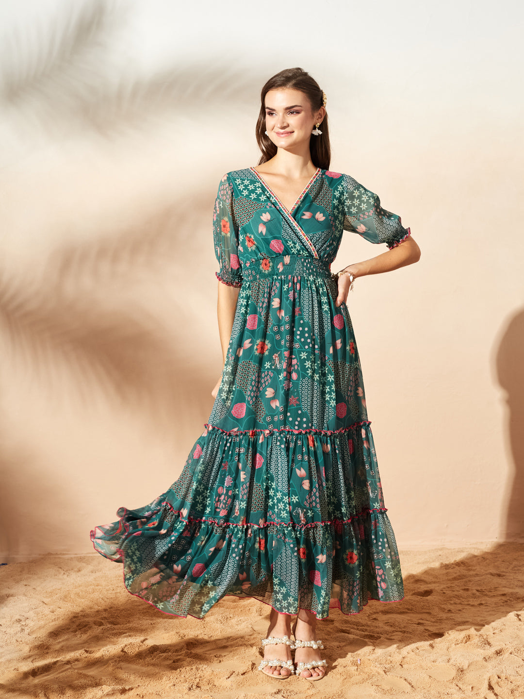 Emerald Green V-Neck Puff Bohemian Overlap/ Tiered Maxi Chiffon Ethnic Dress for Women — Miss Chase
