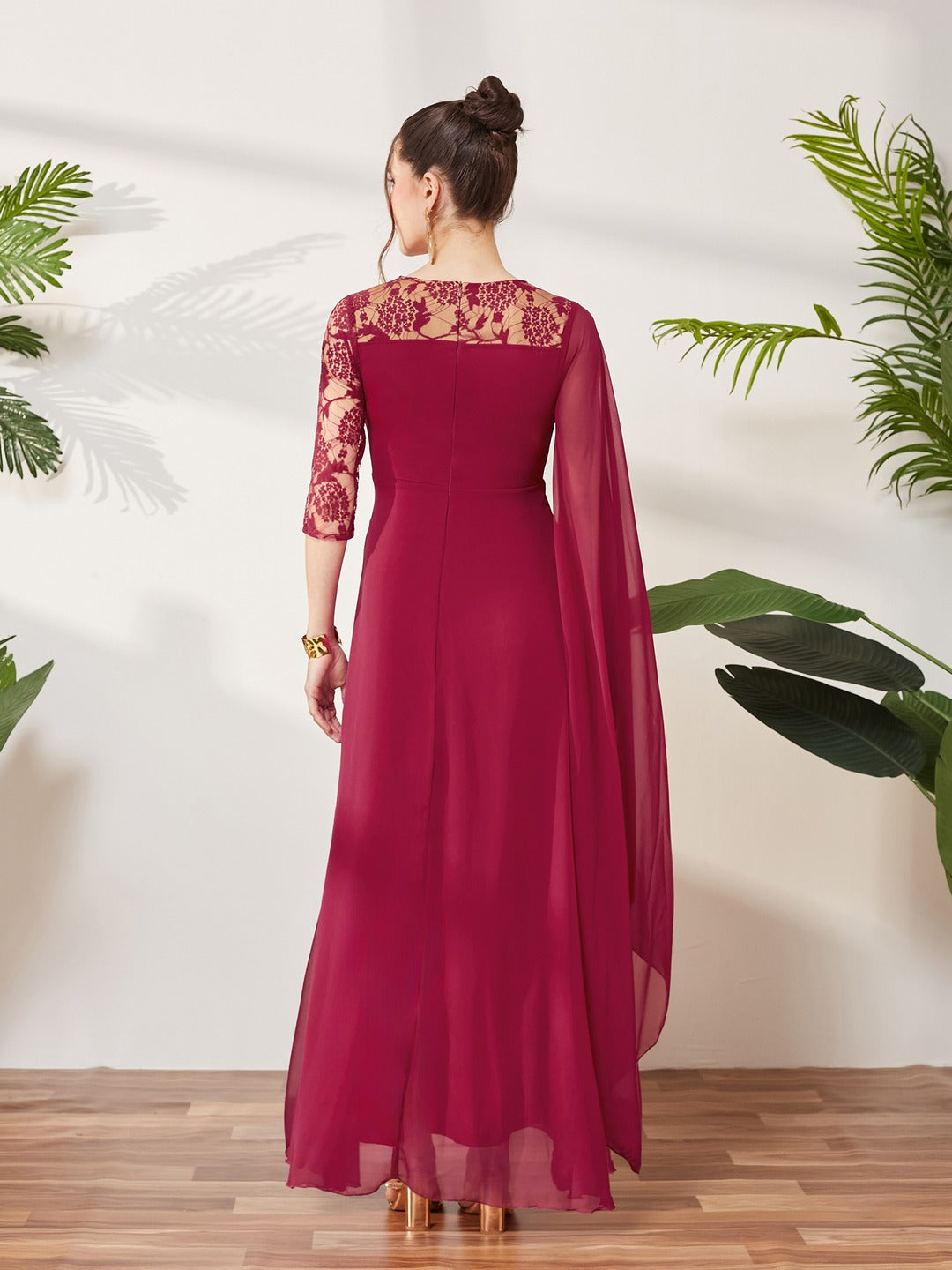 Dark Pink V-Neck Asymmetric Self-Designed Georgette Maxi Dress for Women