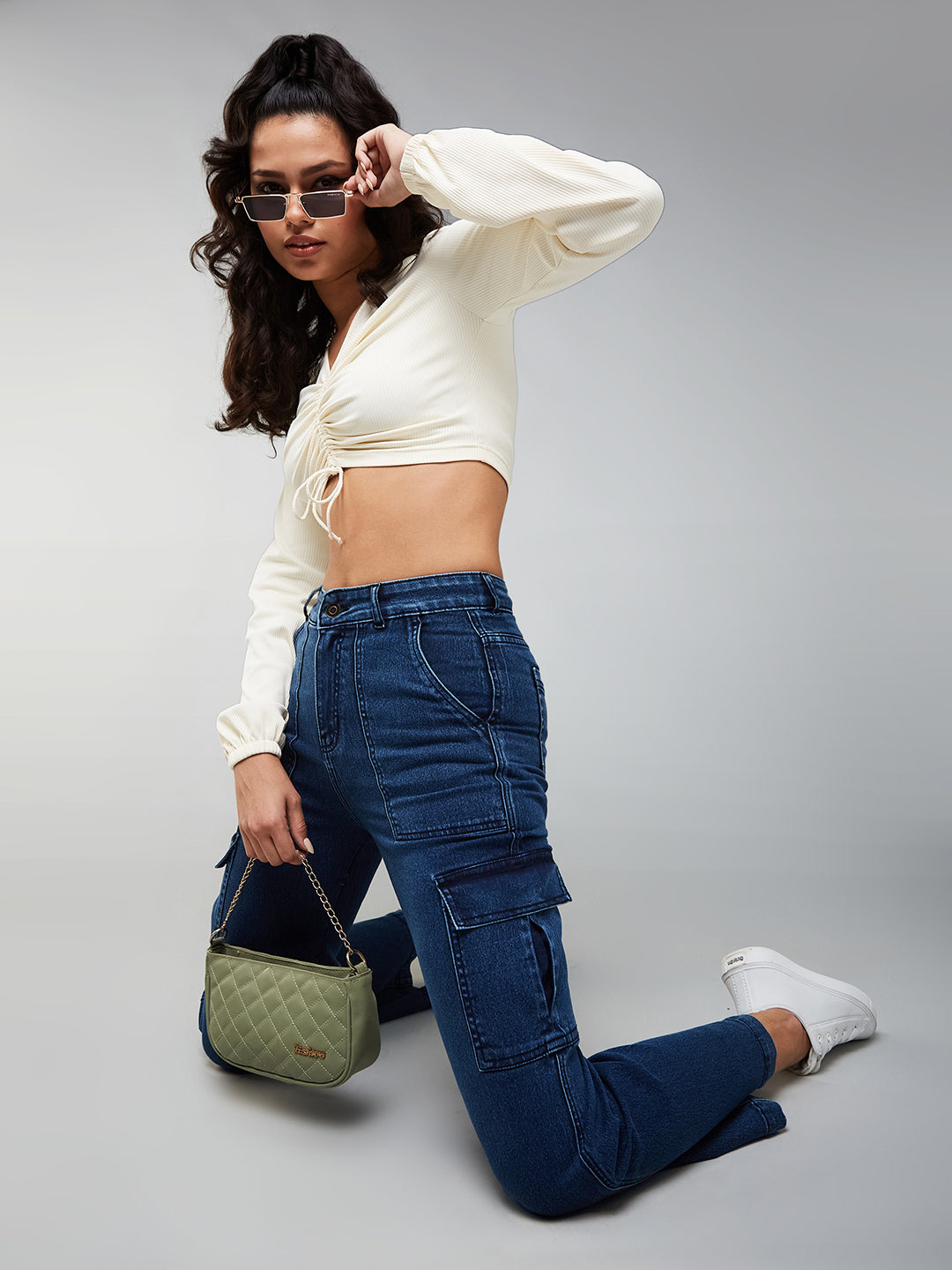 24/7 Comfort Blue Wide Leg High-Rise Stretchable Denim Cargo Jeans