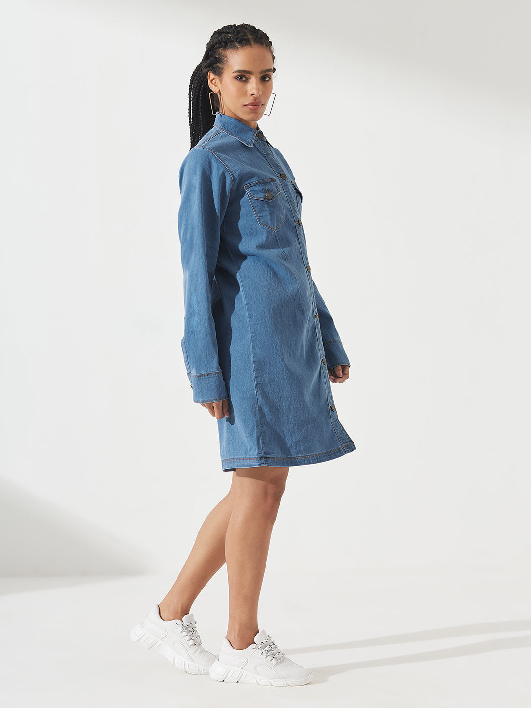 Blue Polo Neck Full Sleeves Denim Knee-Long Shrug for Women