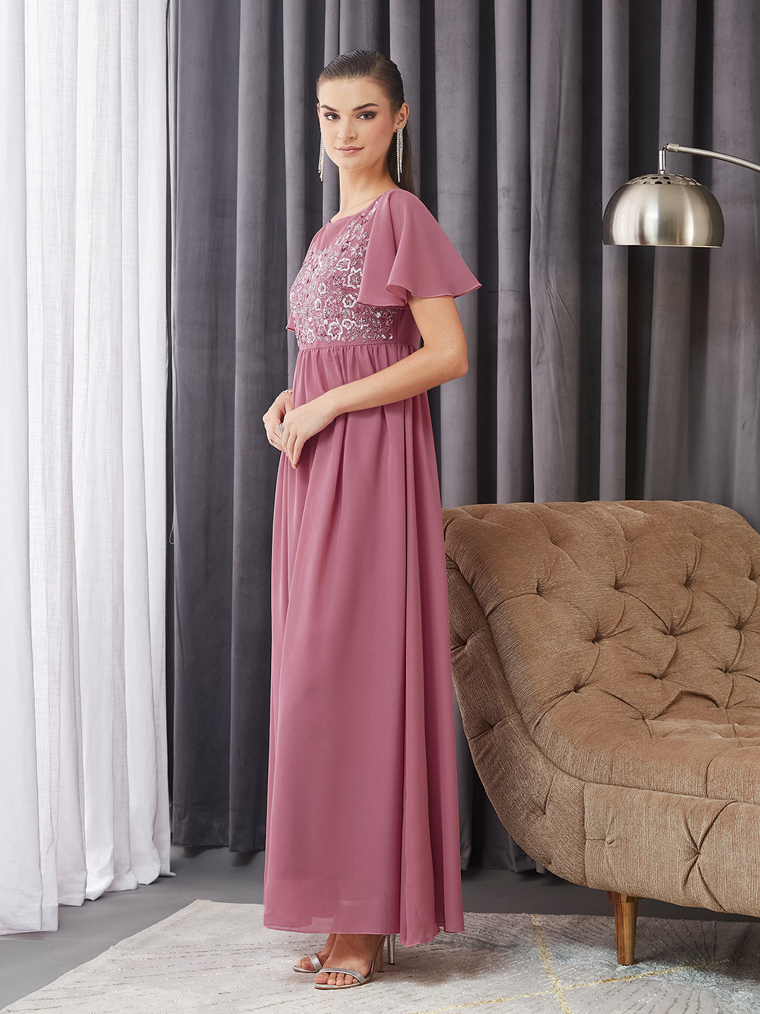 Women's Dusty Lavender Boat Neck Half Sleeve Solid Embellished Georgette Maxi Dress