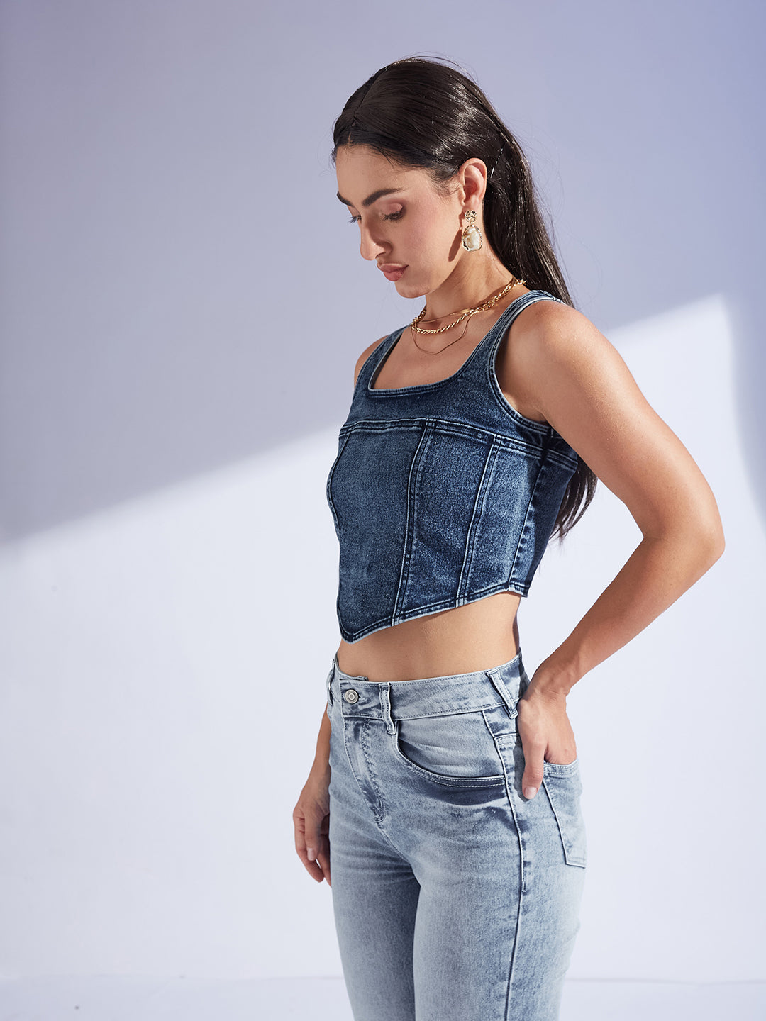 Women's Navy-Blue Square-Neck Sleeveless Zipper Corset Denim Crop Top
