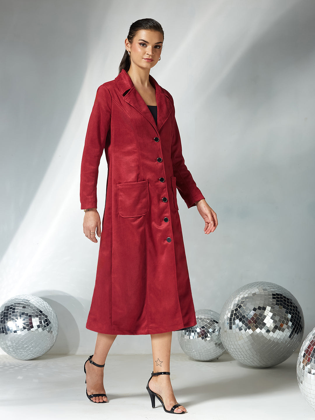 Women's Dark Red Solid Shirt Collar Full Sleeves Patched Pocketed Polyester Button Down Longline Jacket