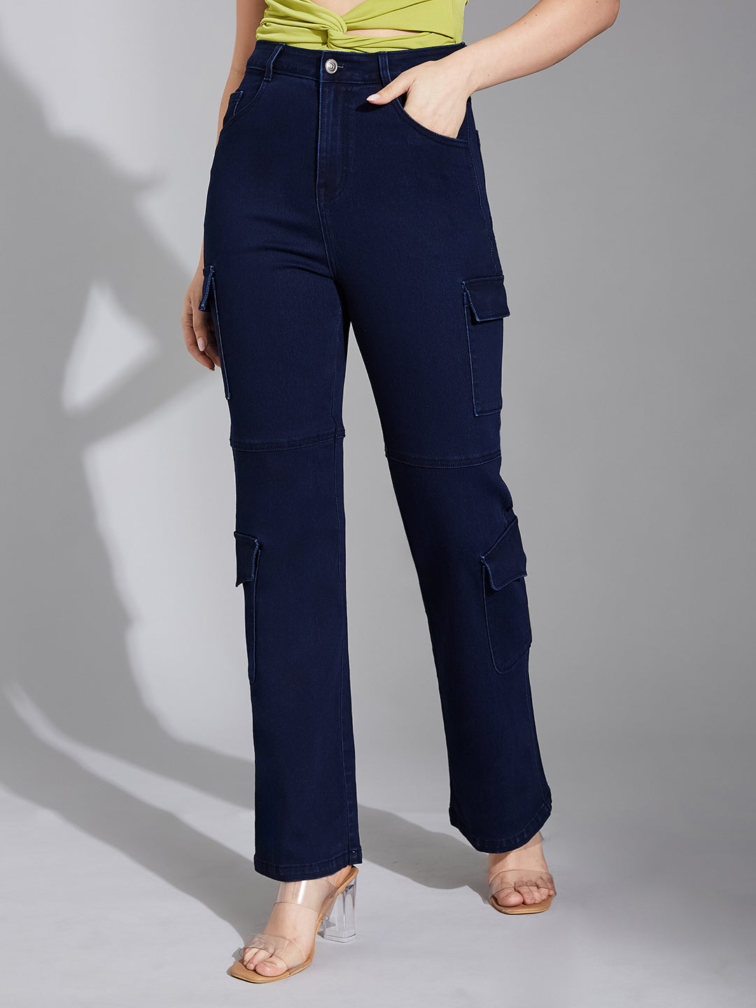 Women's Navy Blue Wide-Leg High-Rise Clean-Look Stretchable Denim Jeans