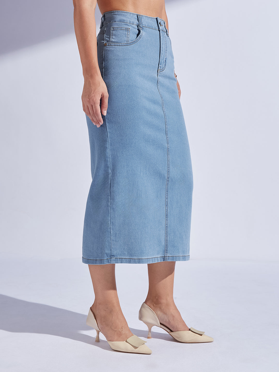 Women's Light Blue Straight High-Rise Midi Stretchable Denim Denim Skirt