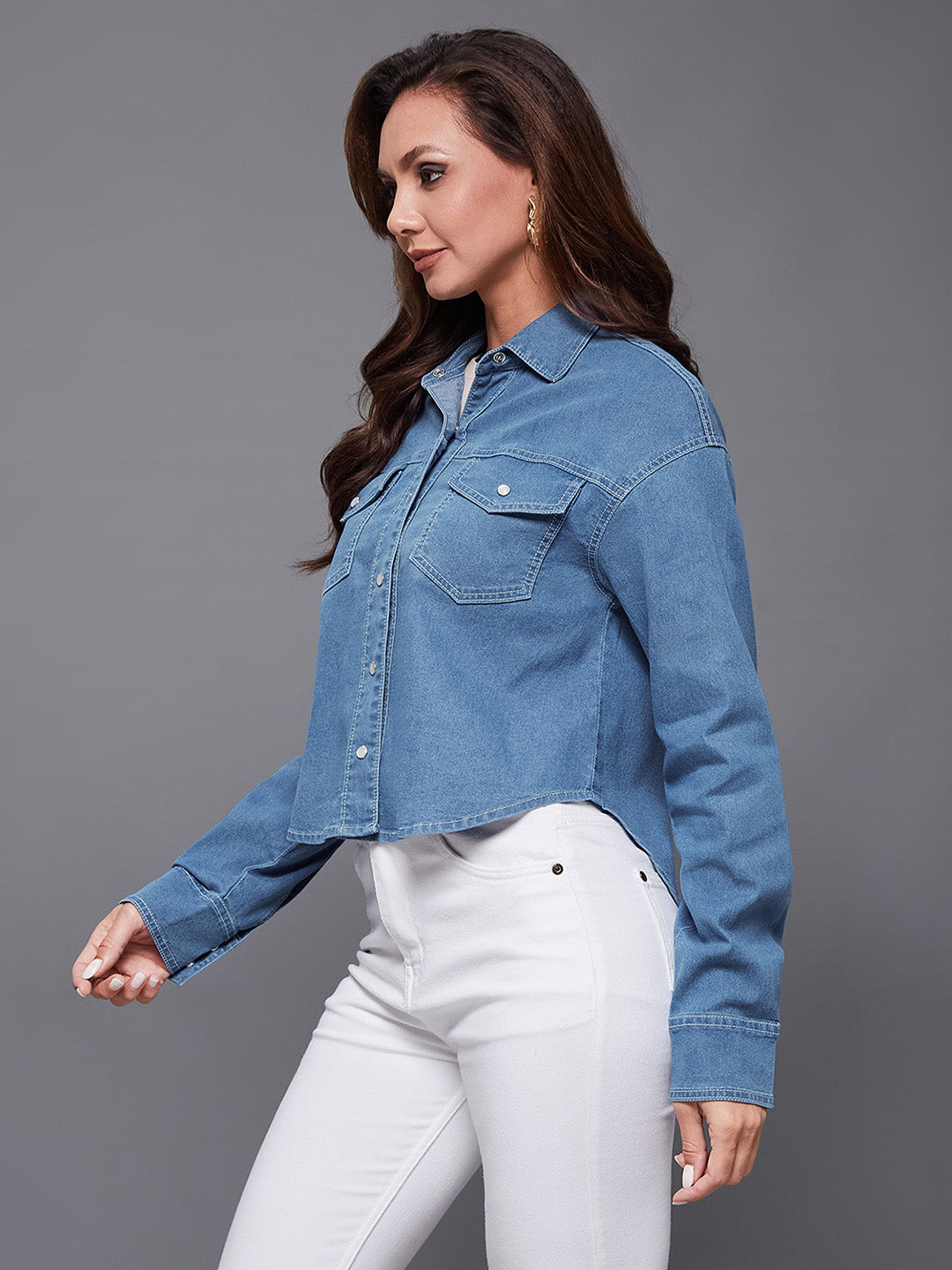Women's Mid Blue Shirt Collar Full Sleeve High Low Solid Crop Denim Shirt