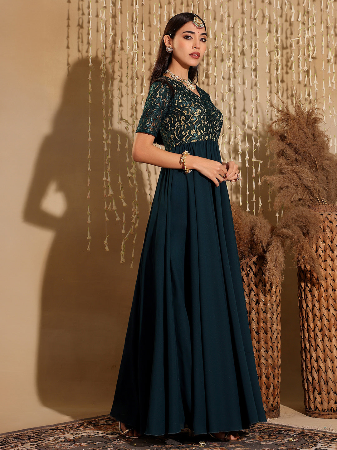 Women's Teal V-Neck Half Sleeve Self Designed Wrap Georgette Maxi Dress