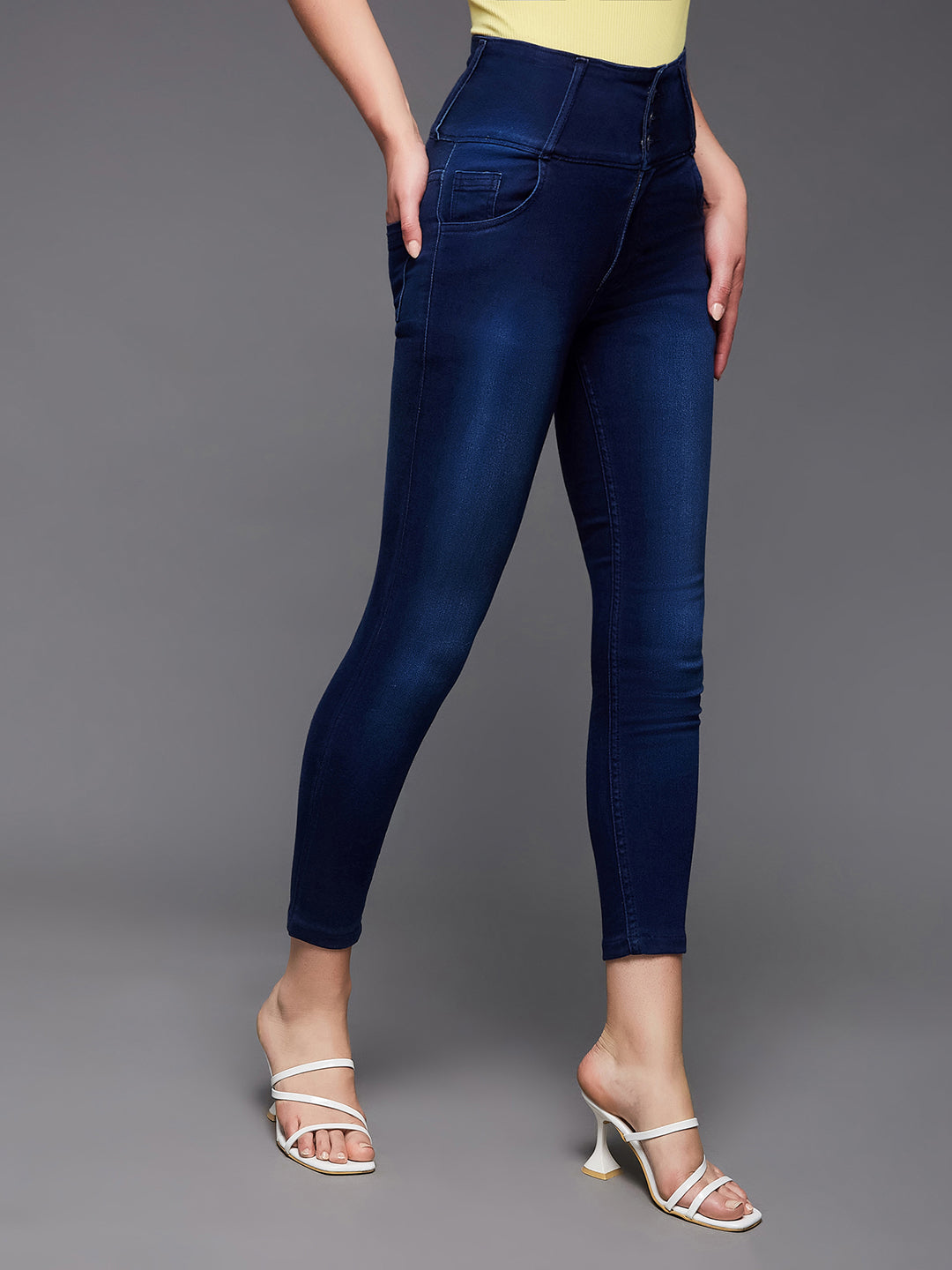 Women's Navy-Blue Skinny-Fit High-Rise Cropped-Length Stretchable Denim Jeans