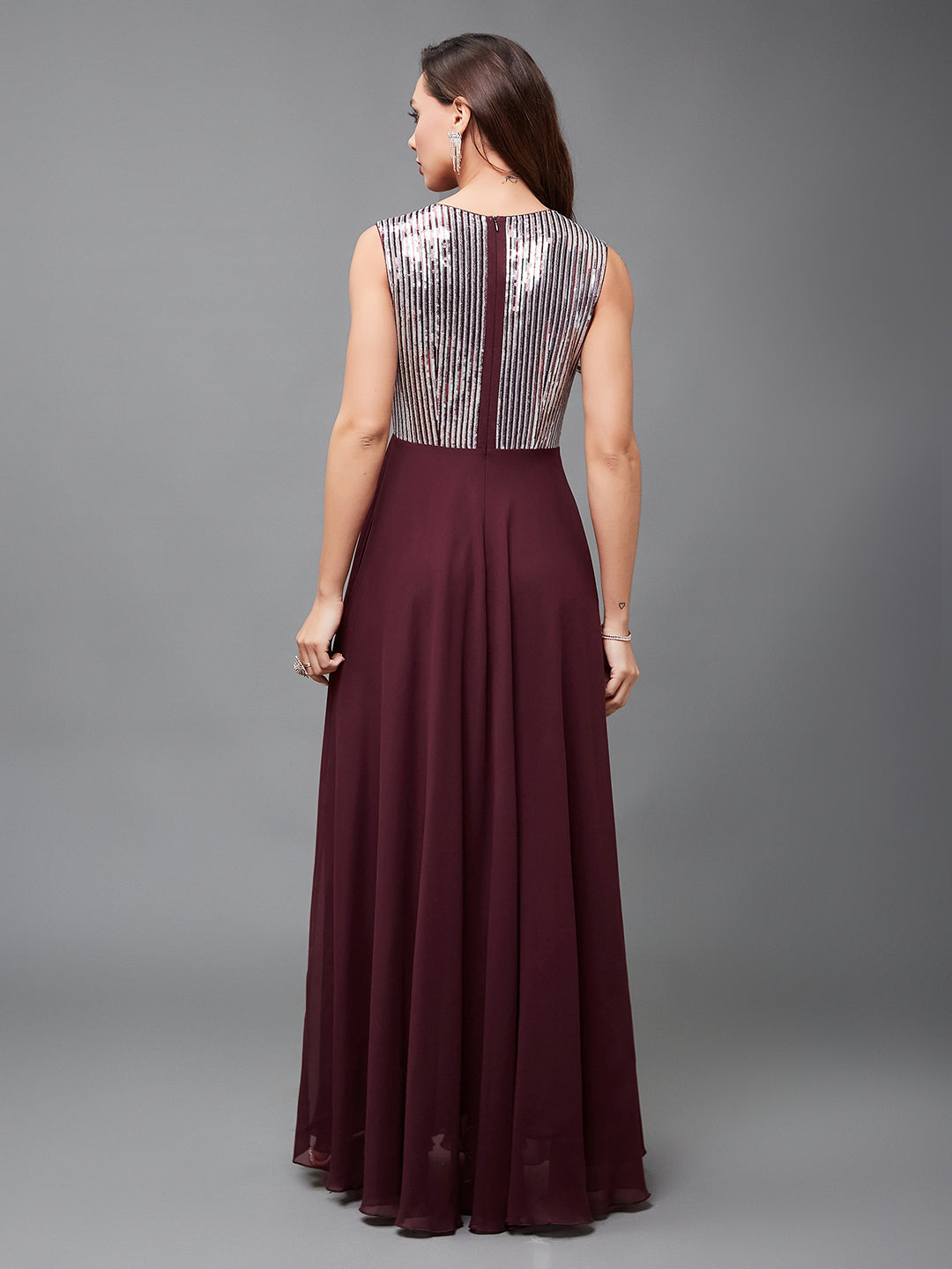 Women's Wine V-Neck Sleeveless Embellished Wrap-Styled Maxi Georgette Dress