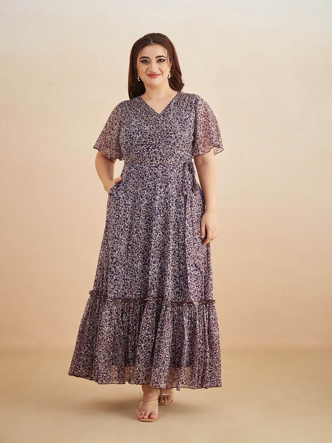 Purple V Neck Flared Sleeve Floral Wrap Chiffon Maxi Dress for Women