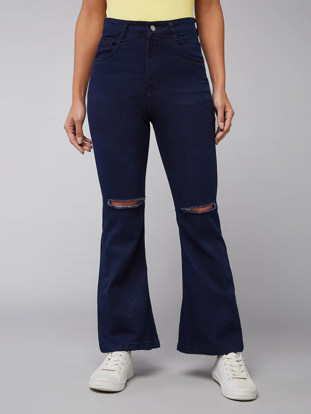 24/7 Comfort Navy-Blue Bell-Bottom Bootcut Hourglass High-Rise Stretchable Denim Jeans