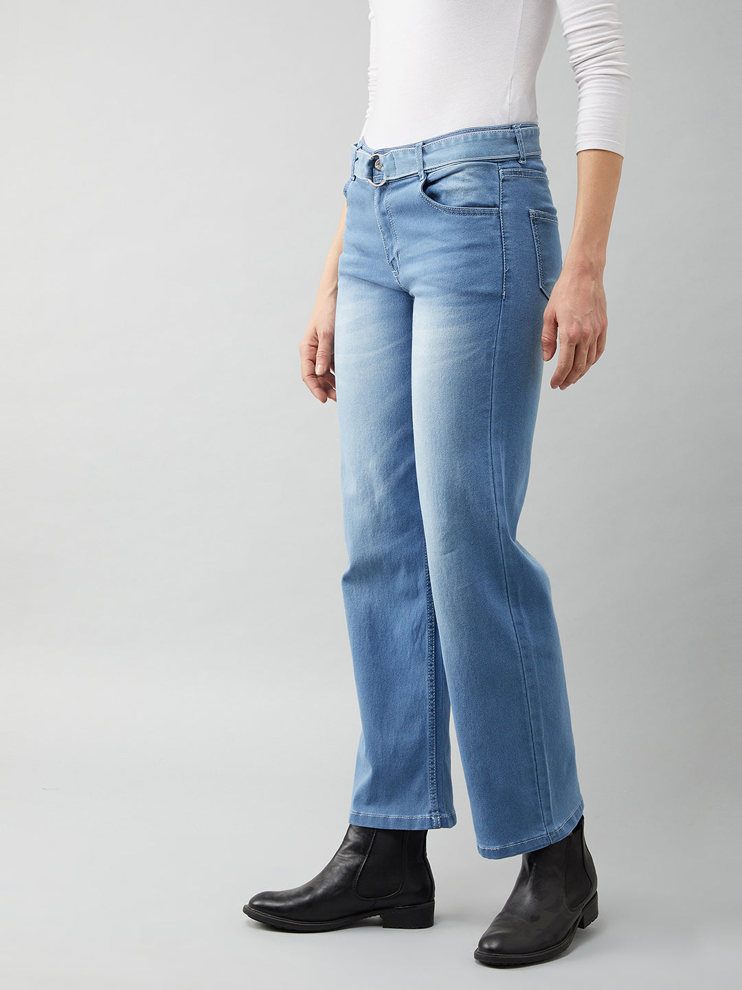 24/7 Comfort Blue Cotton Wide-Leg Relaxed Mid-Rise Stretchable Denim Jeans