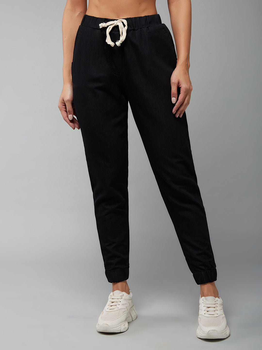 Women's Black Regular Length Mid Rise Clean-Look Regular Fit Denim Joggers