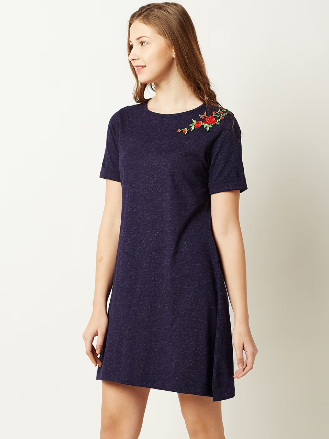 Women's Navy Blue Round Neck Short Sleeve Solid Floral Embroidered Mini A-Line Dress