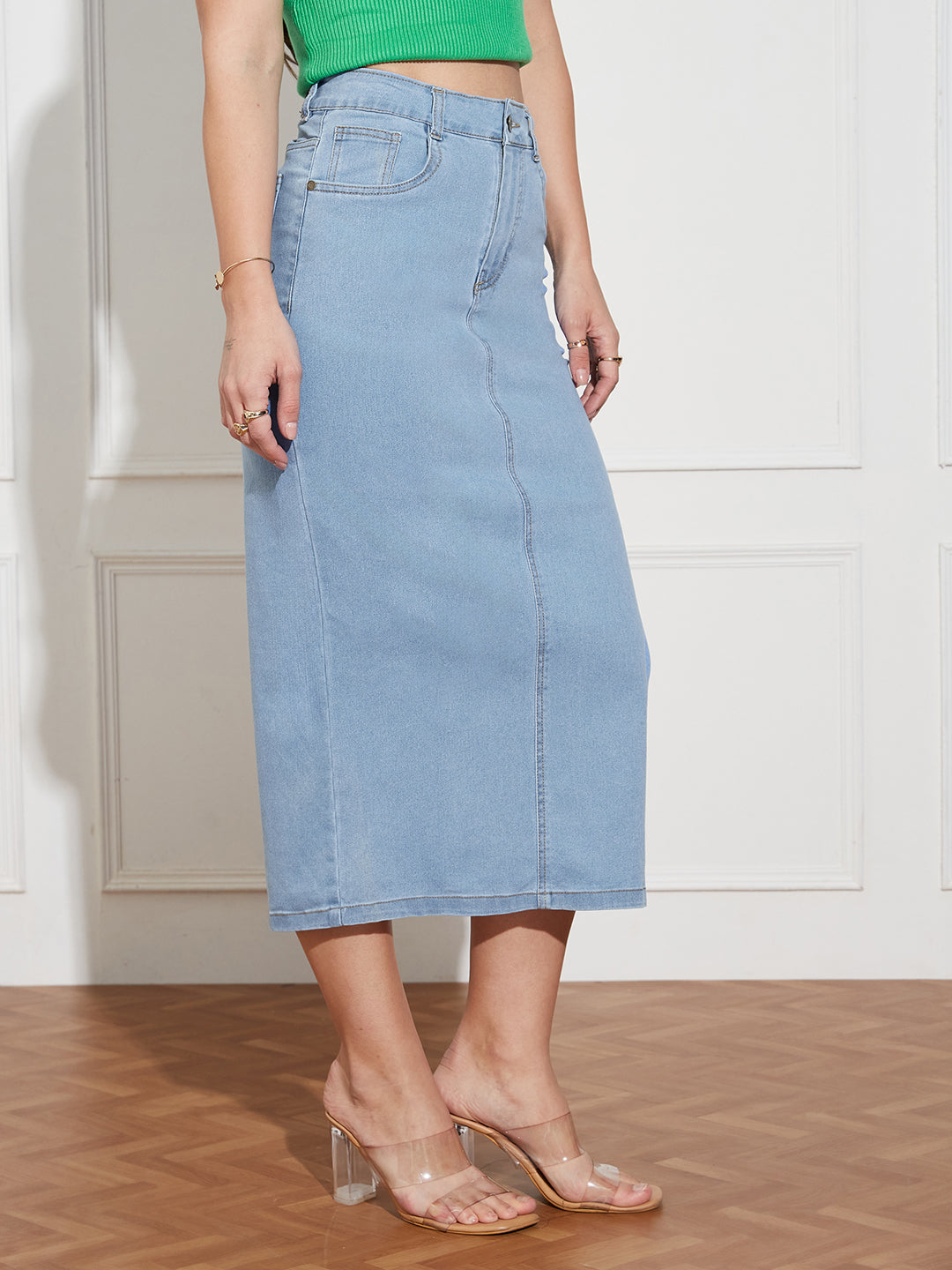 Women's Light Blue Straight High Rise Clean Look Midi Stretchable Denim Skirt