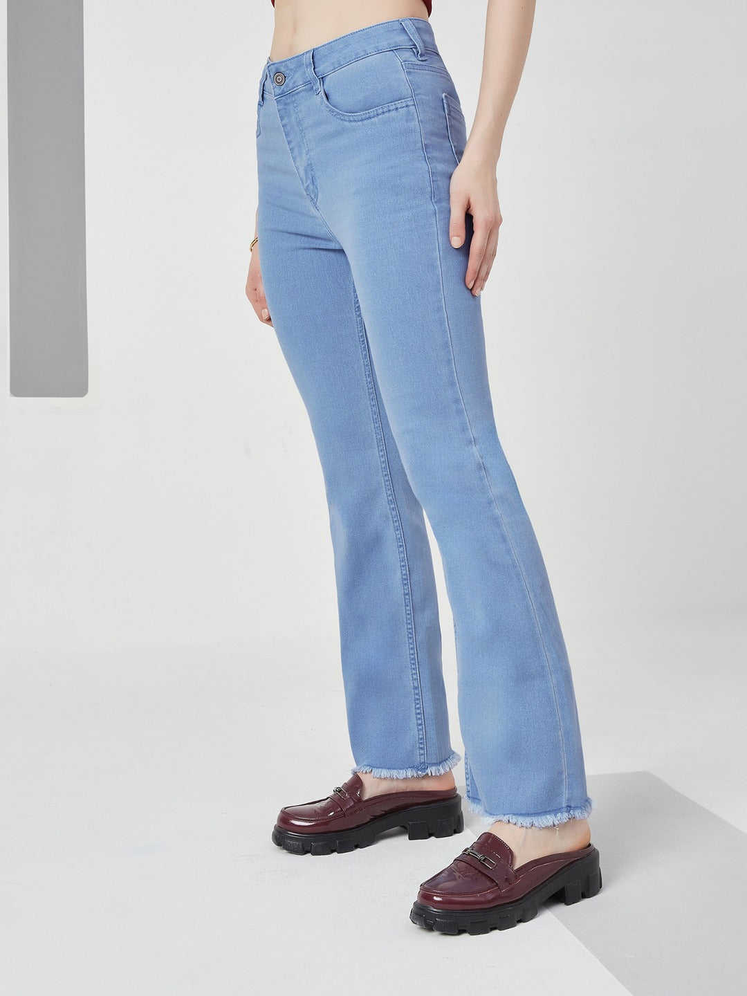 Light Blue Boot Cut high-rise Cropped Stretchable Denim Jeans for Women