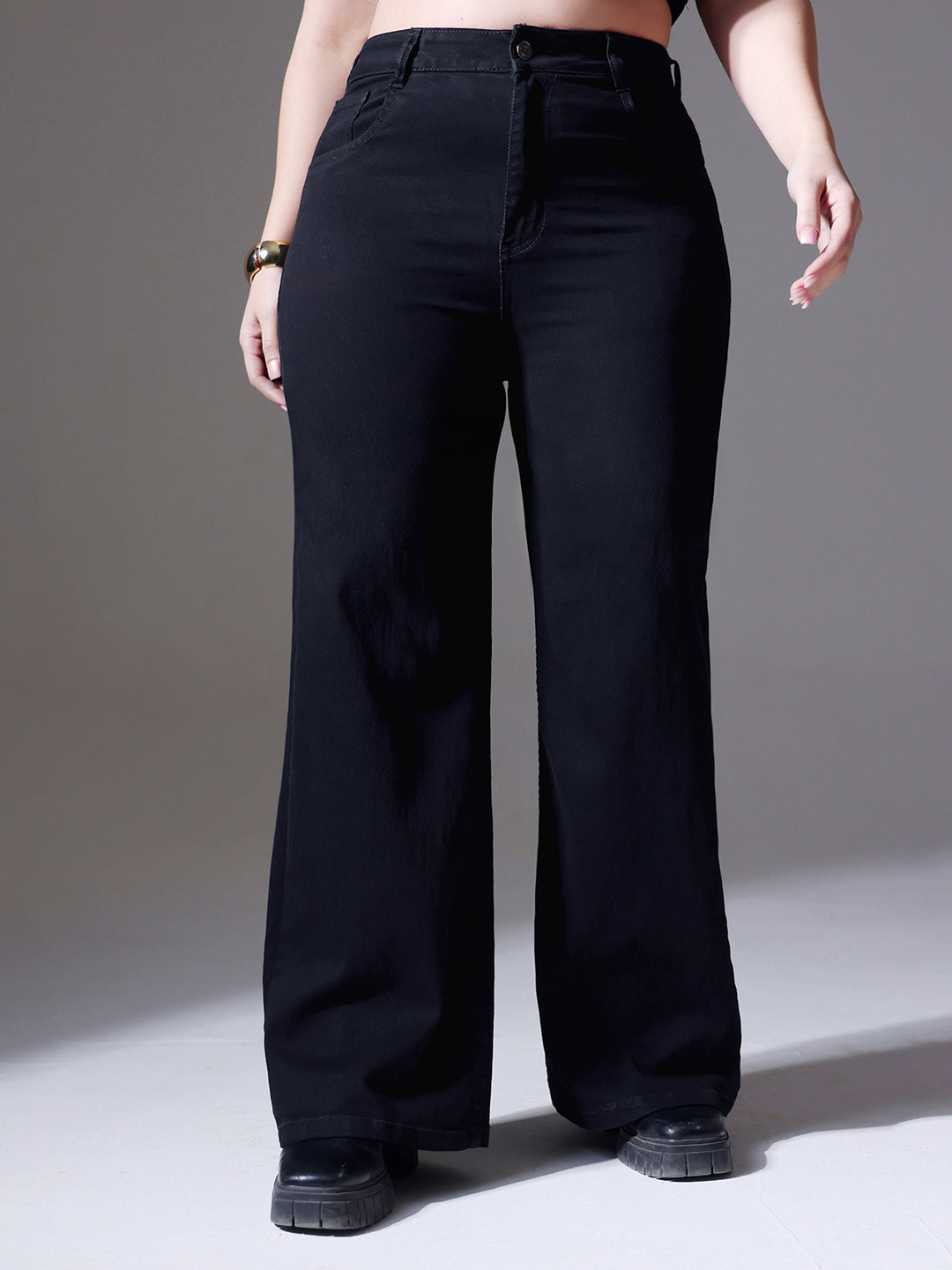 Women's Black Wide-Leg High-Rise Clean-Look Stretchable Denim Jeans