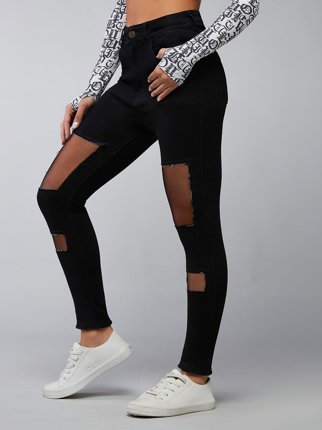 Women's Black Slim-Fit High-Rise Mild Distressed Ripped Net Detailing Stretchable Denim Jeans
