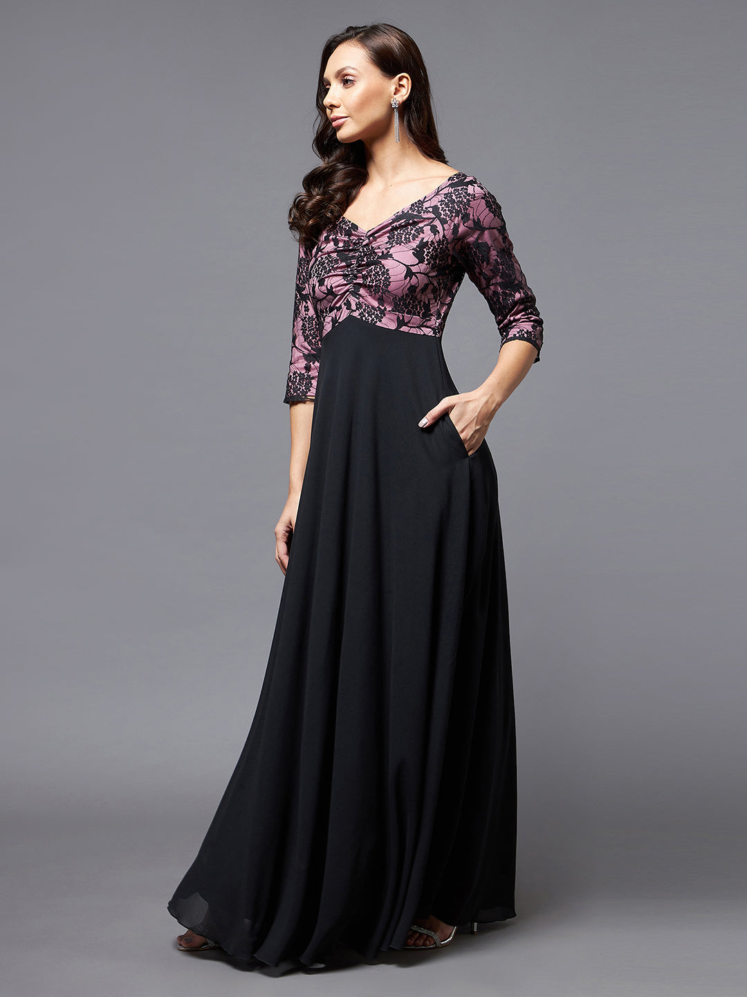 Black Long Sleeves Lace Empire Maxi Dress Long Dress Frock