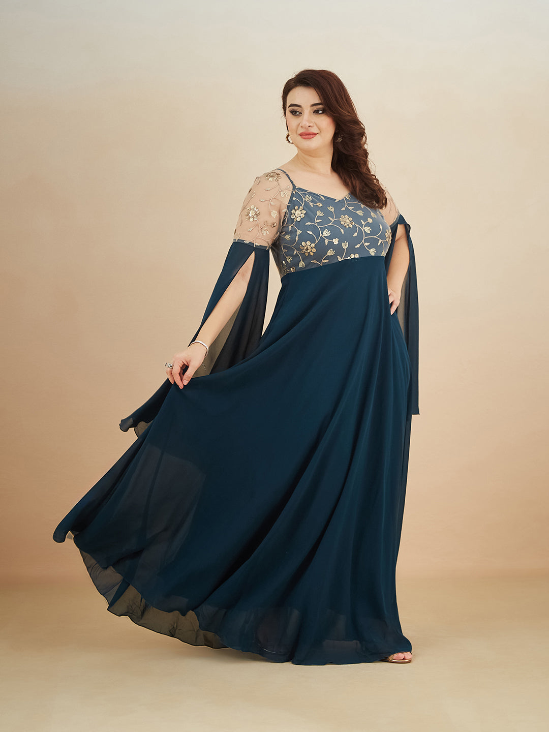Teal V-Neck Full Sleeve Embroidered Fit & Flare Georgette Maxi Dress for Women