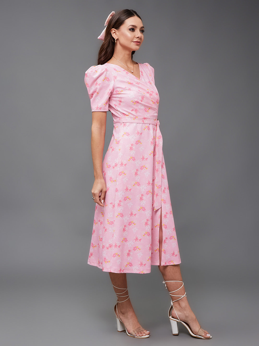 Crease Ease Women's Multicolored-Base-Pink V-neck Puff Sleeve Floral Wrap Midi Dress
