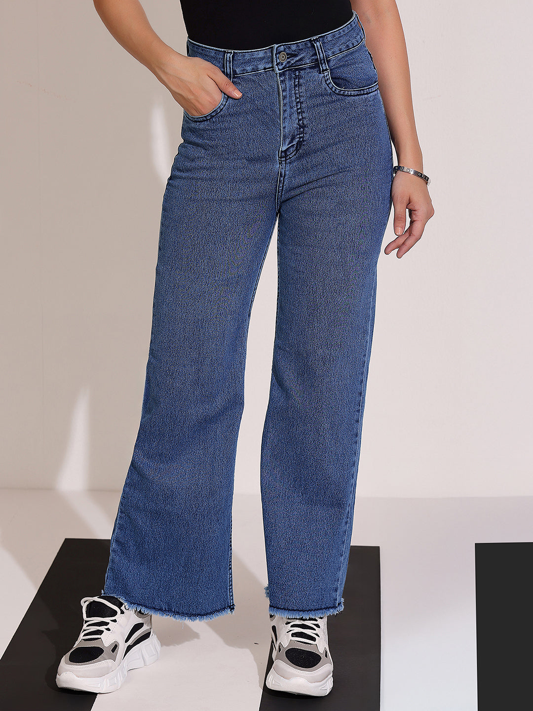 Women's Navy-Blue Wide-Leg High Rise Regular-Length Stretchable Denim Jeans