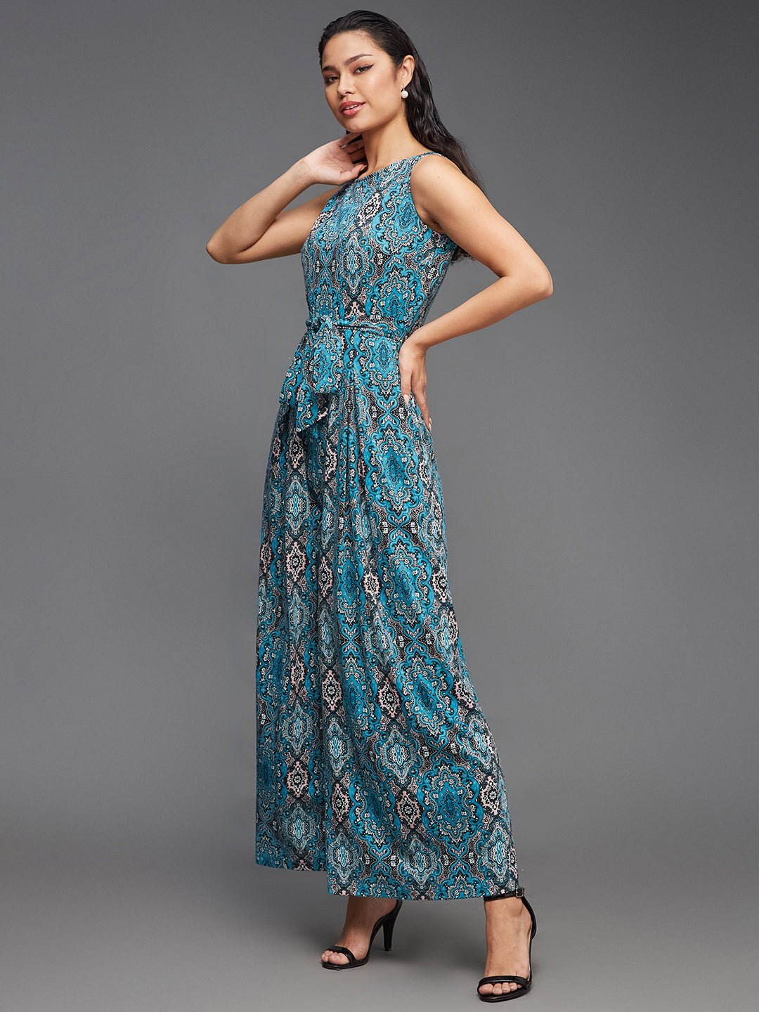 Women's Multicolored-Base-Black Boat Neck Sleeveless Bohemian-Patterned Pleated Pure Cotton Regular-Length Jumpsuit