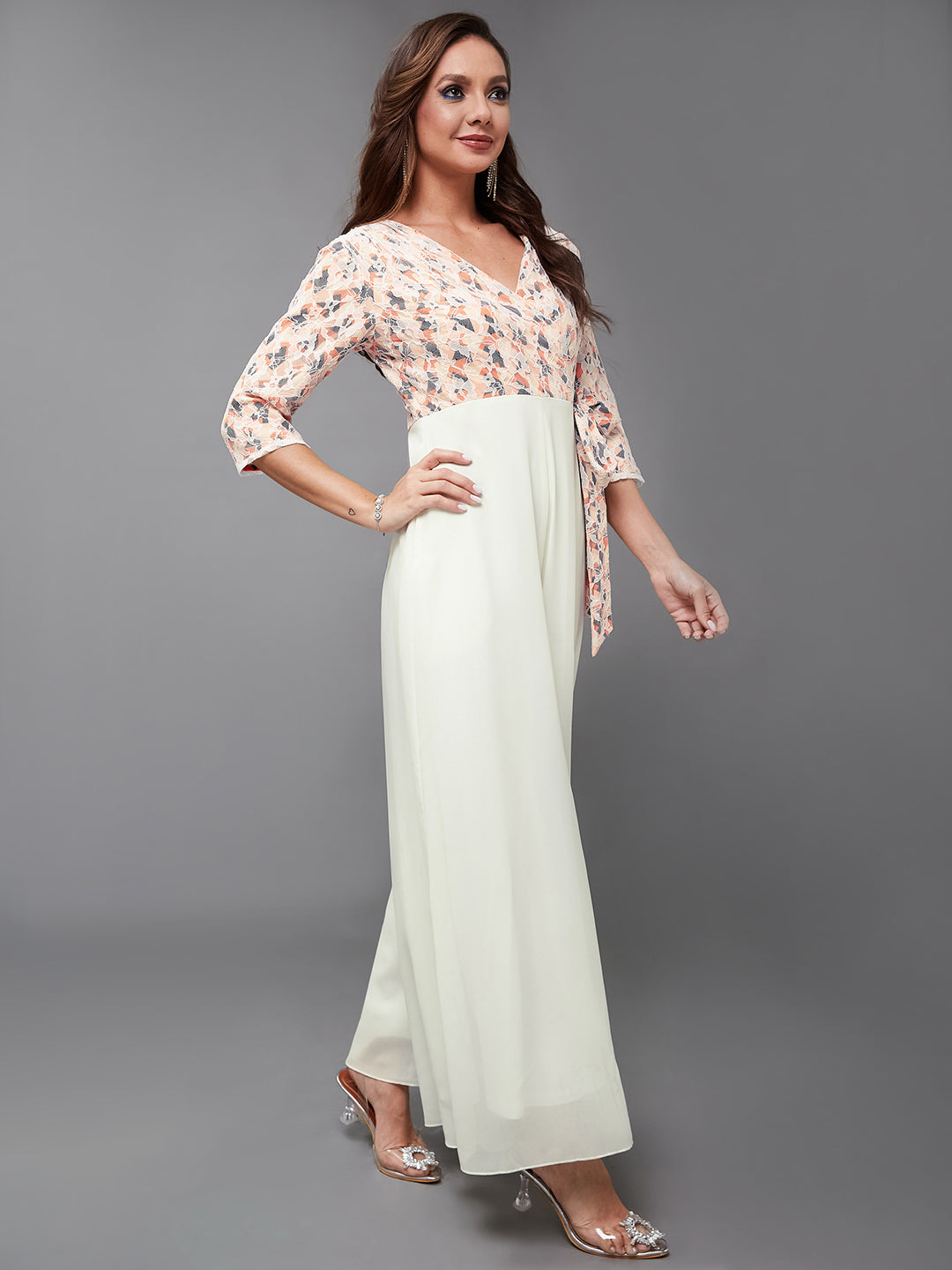 Women's Multicolored-Base-Off White V-Neck Full Sleeve Self Design Wrap Regular-Length Georgette Jumpsuit