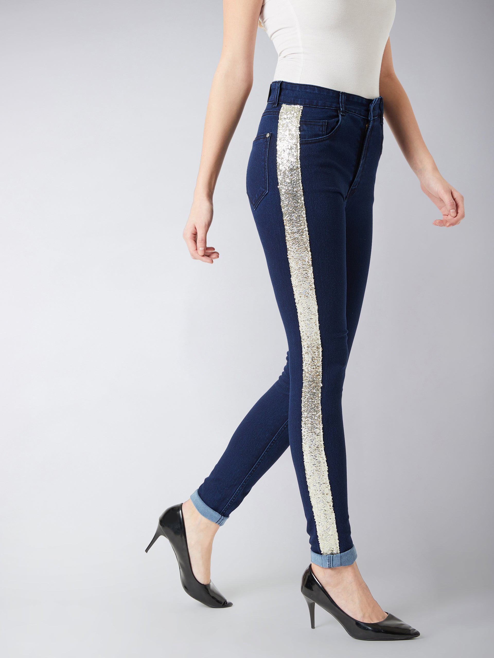 Women's Navy-Blue Skinny Mid-Rise Clean-Look Glitter Denim Jeans Pant
