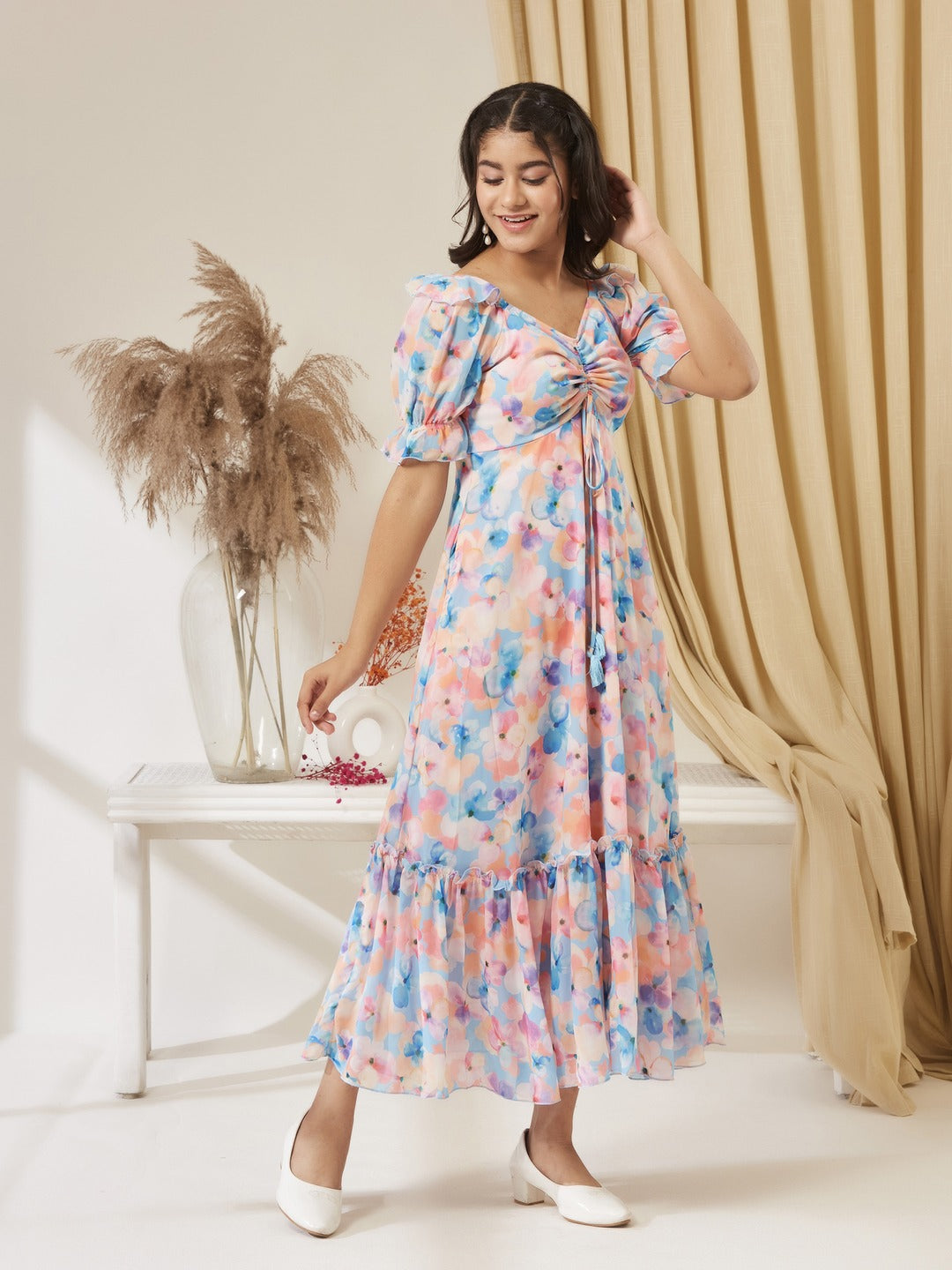 Sky Blue V-Neck Puff Sleeve Floral Ruching Ankle-Length Dress for Girls/Teenagers