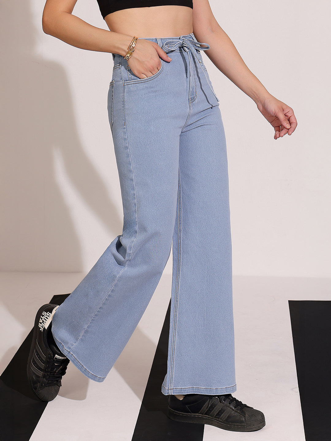 Women's Light Blue High-Rise Wide Leg Stretch Denim Jeans with Tie-Up Waist