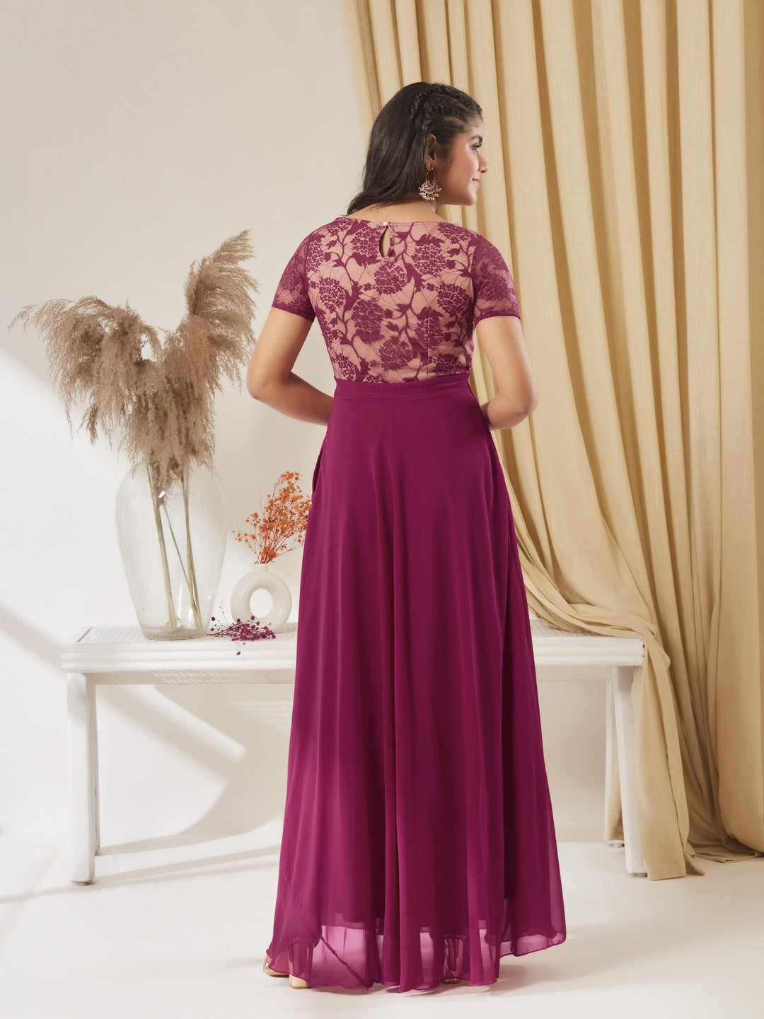 Dark Pink Round Neck Half Sleeve Self-Designed Fit & Flare Georgette Maxi Dress for Girls/Teenagers