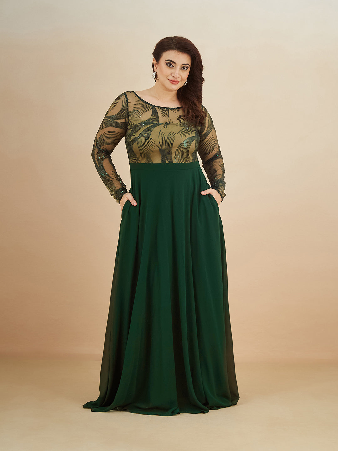 Green & Beige Solid Embellished Maxi Dress for Women