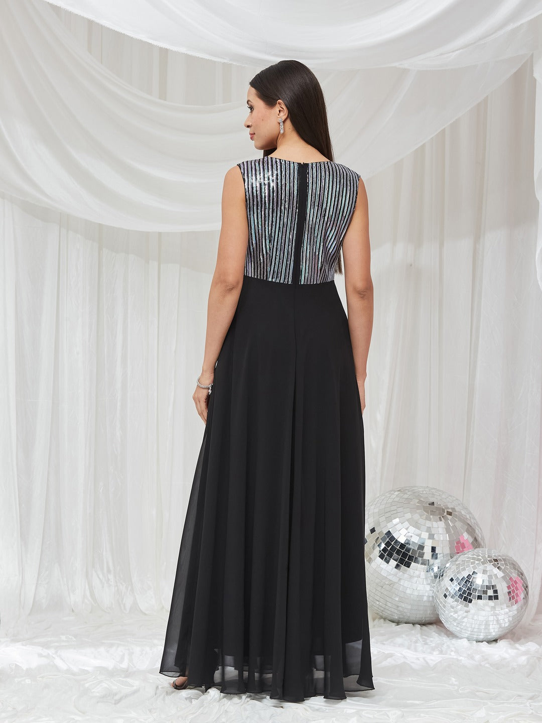 Black V-Neck Sleeveless Embellished Wrap Maxi Georgette Dress for Women