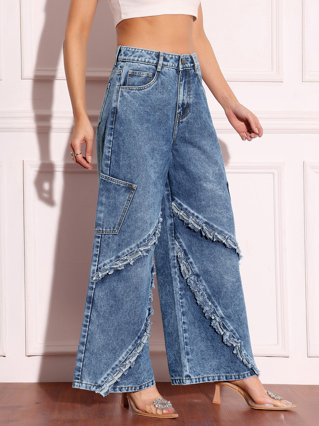 Women's Navy-Blue Wide-Leg High-Rise Highly-Distressed Regular-Length Denim Jeans