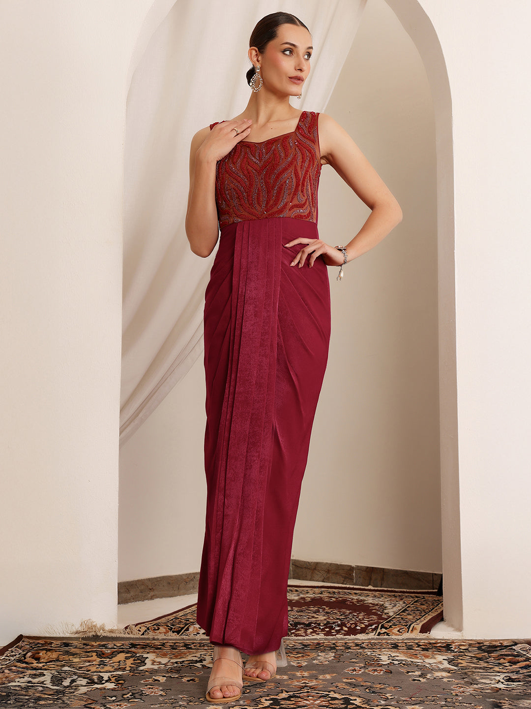 Women's Red Sweetheart Sleeveless Embroidered Pleated Satin Maxi Dress