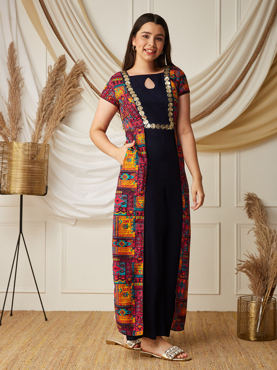 Multicolored-Base-Navy Blue Keyhole-Neck Regular Sleeve Bohemian Paneled Viscose-Rayon Regular-Length Jumpsuit