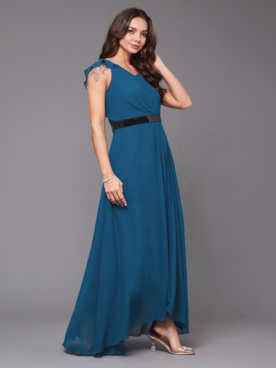 Royal Blue Solid Fit and Flare Maxi Dress Long Dress Frock with Black Sequinned Belt
