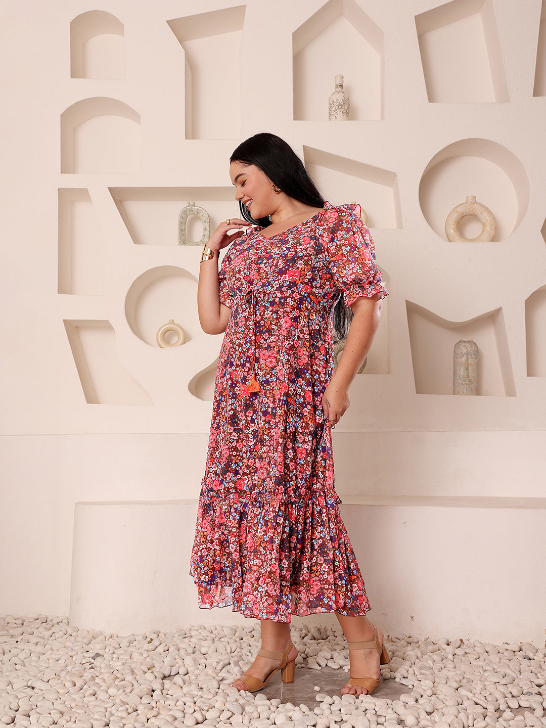Body Bliss Multicolored-Base-Wine V-Neck Puff-Sleeves Floral Ruching Ankle-Length Dress