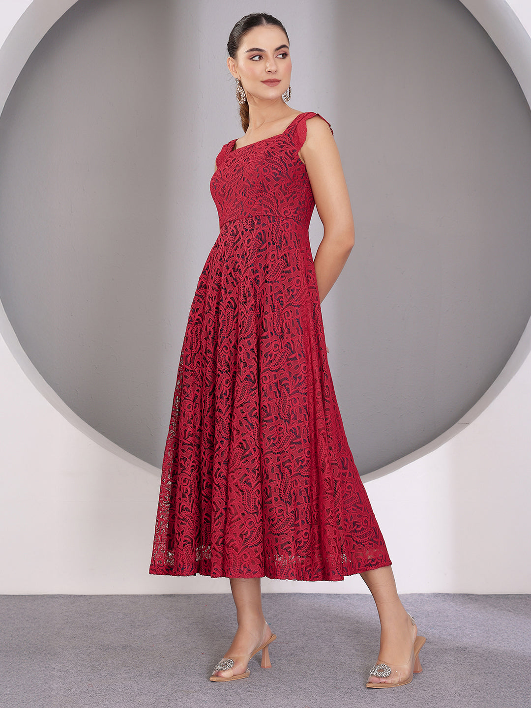 Women's Maroon Square Neck Sleeveless Self-Designed Ruffled Midi Lace Dress