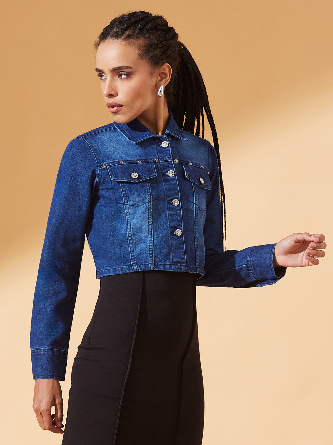 Navy-Blue Solid Polo Neck Full Sleeves Buttoned Denim Embellished Cropped Jacket for Women